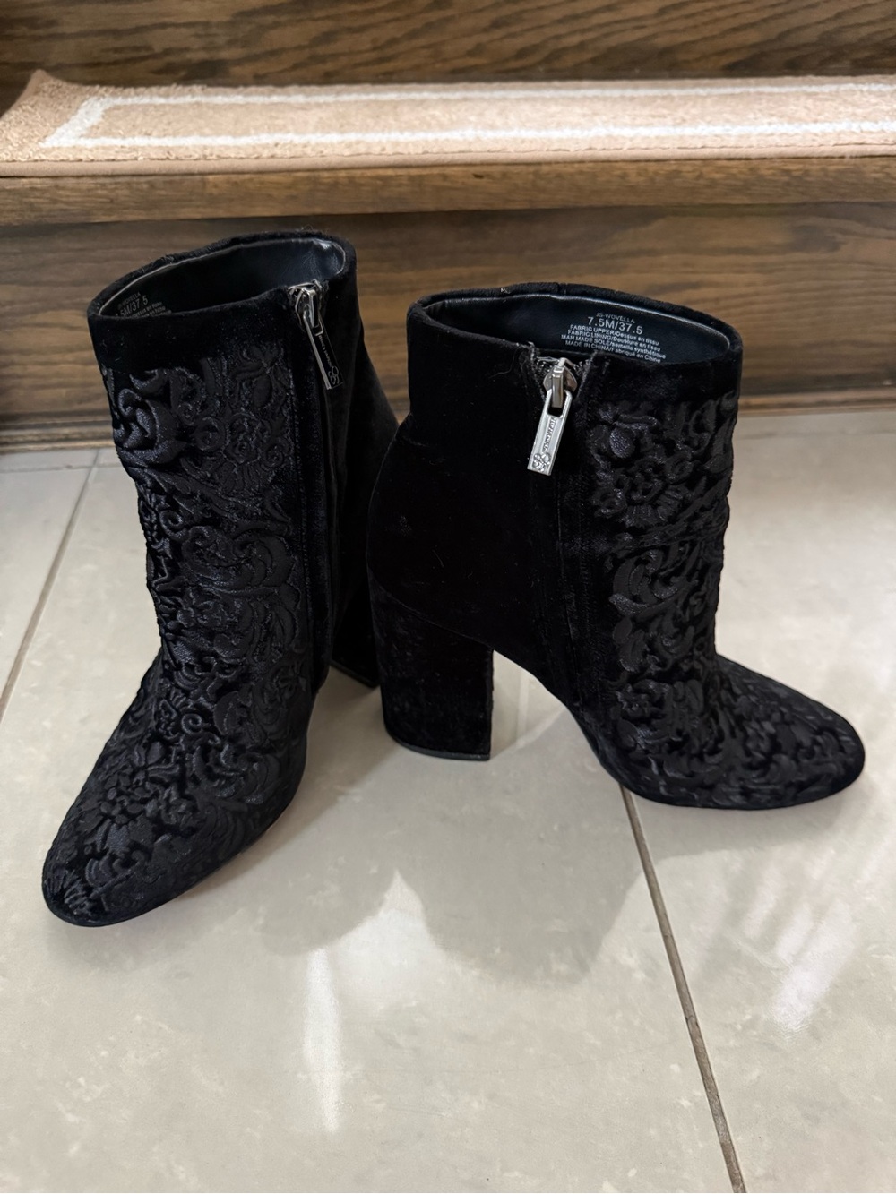 Jessica Simpson Black Velvet Embroidered Block Heel Ankle Boots